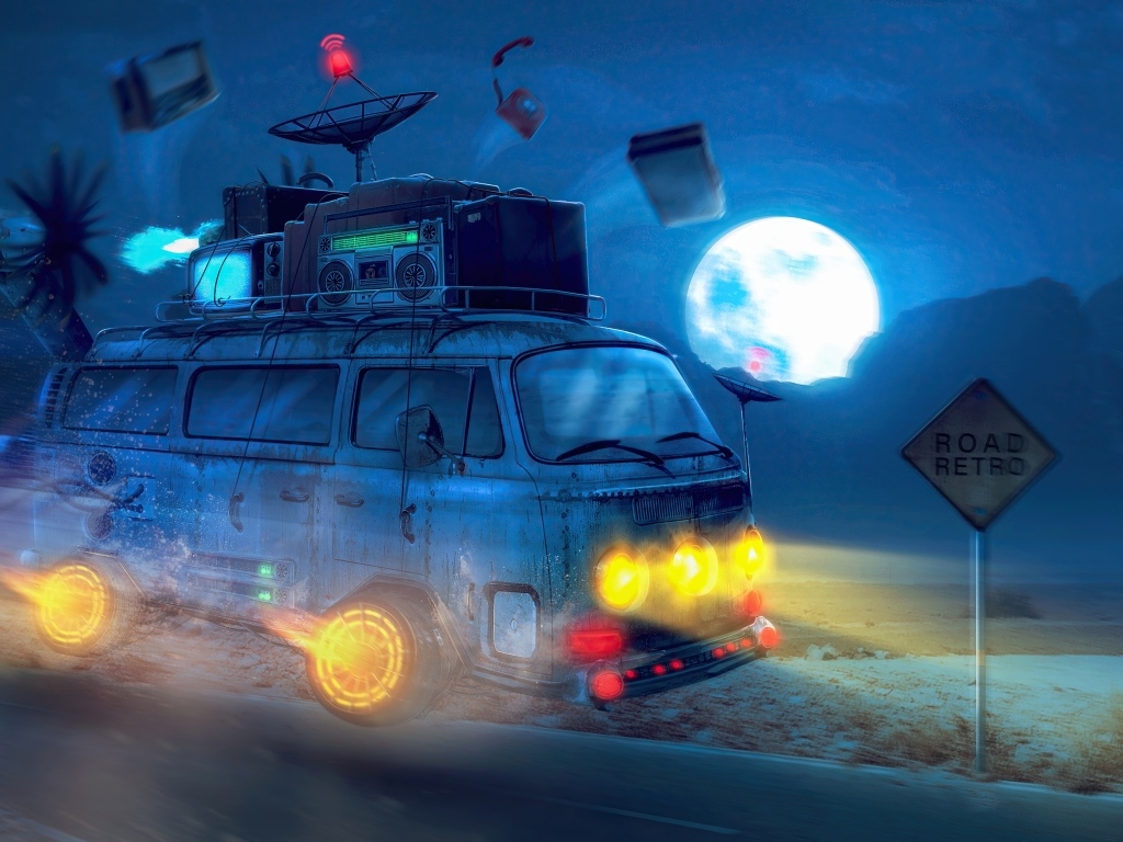 Нарисованный ретро автомобиль на дороге ночью