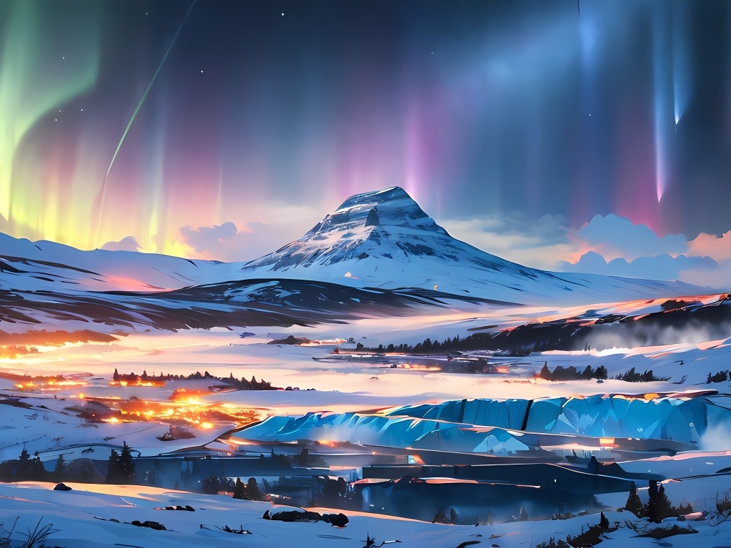 Нарисованная гора с полярным сиянием