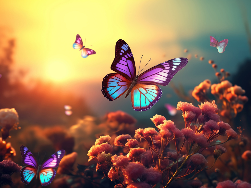 Красивые фантастические бабочки летают над цветами