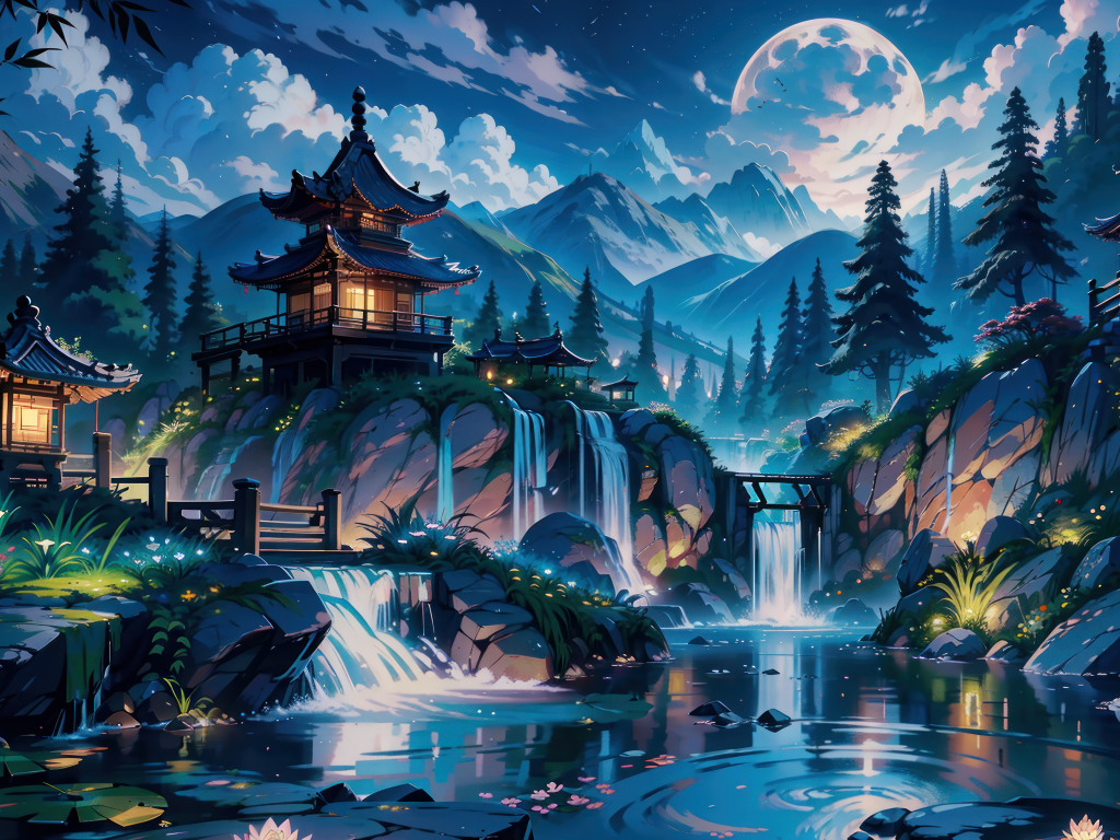 Красивый нарисованный китайский храм у пруда в горах