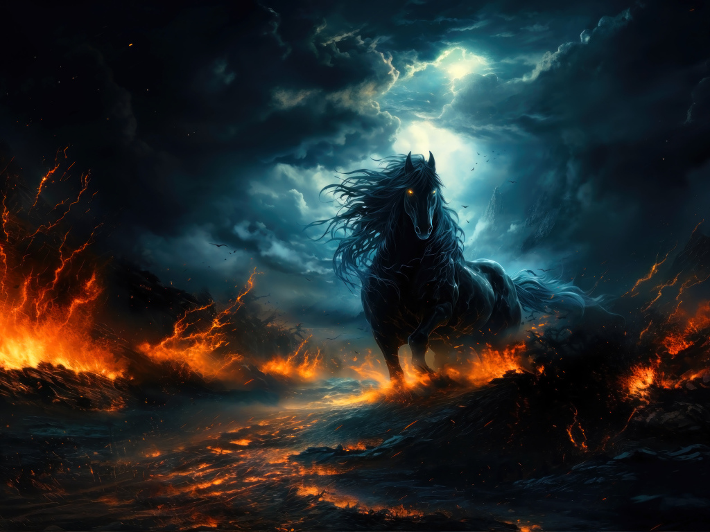 Черный фантастический конь на огненной земле