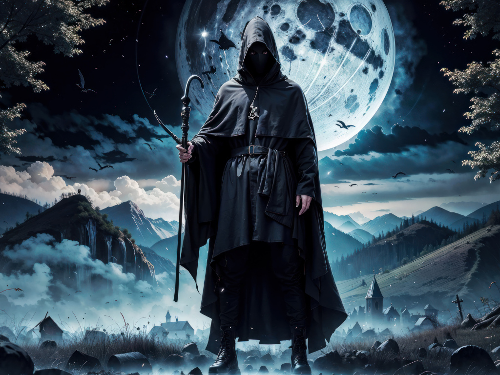 Черный маг в плаще на фоне луны