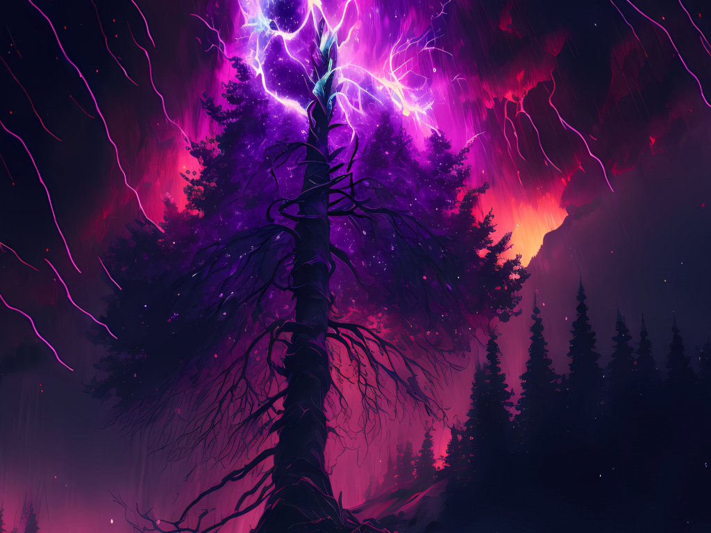 Молния разрывается над старым деревом