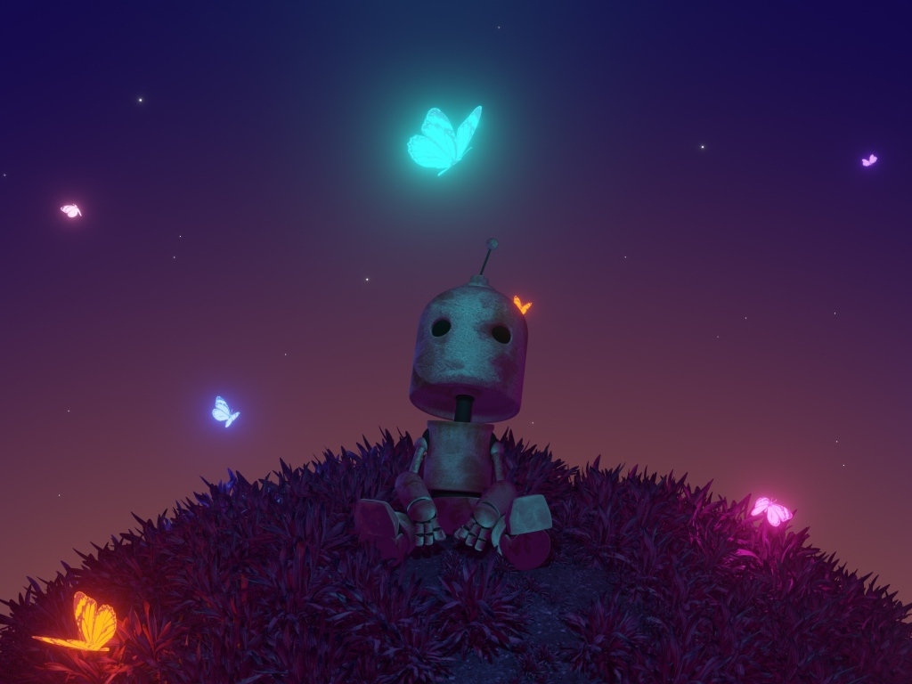 Маленький робот с неоновыми бабочками