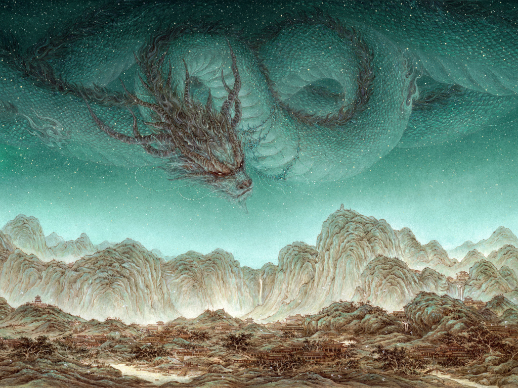 Волшебный дракон летает над горами