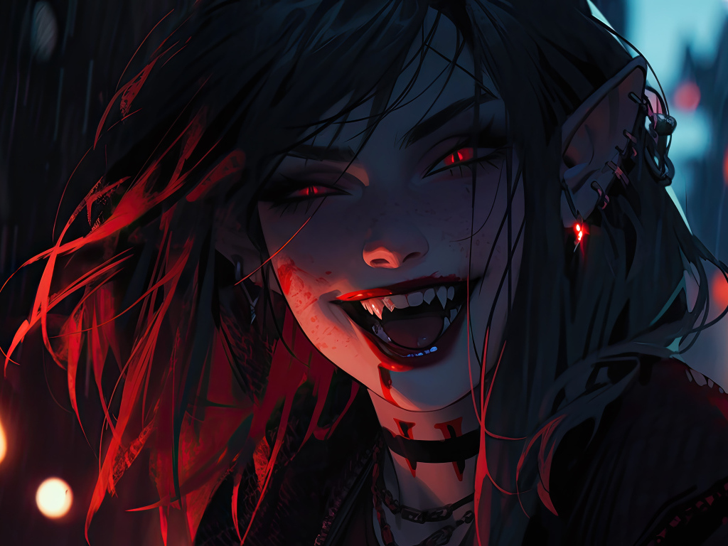 Улыбающаяся фантастическая девушка вампир