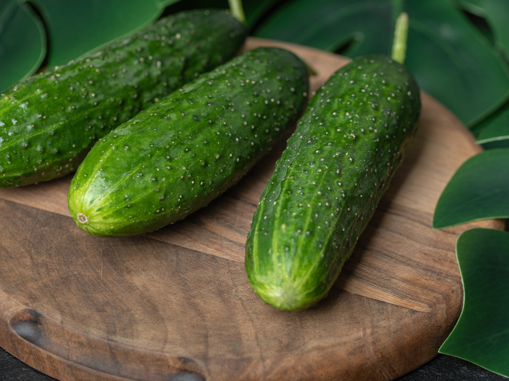 Свежие зеленые огурцы на деревянной доске