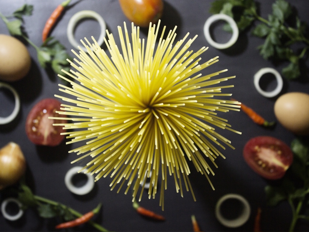 Вид сверху на спагетти и овощи