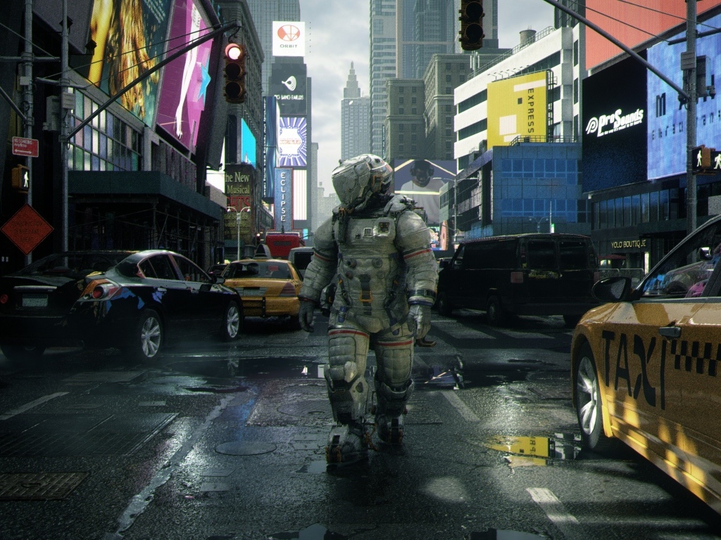 Мужчина астронавт в городе, компьютерная игра Pragmata