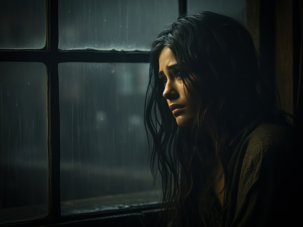 Грустная девушка сидит у окна 