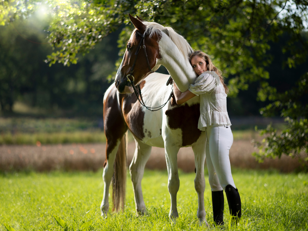 Молодая девушка обнимает большого коня