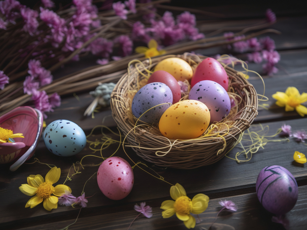 Разноцветные пасхальные яйца в гнезде с цветами