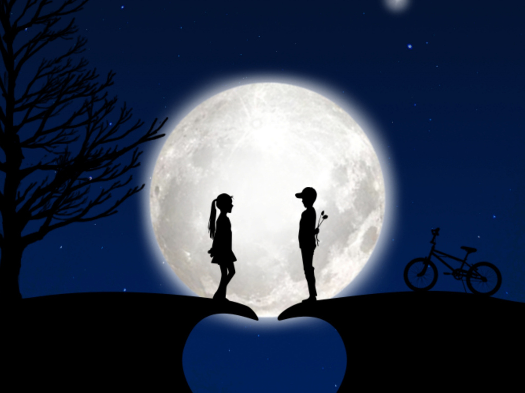 Влюбленная пара у дерева на фоне луны