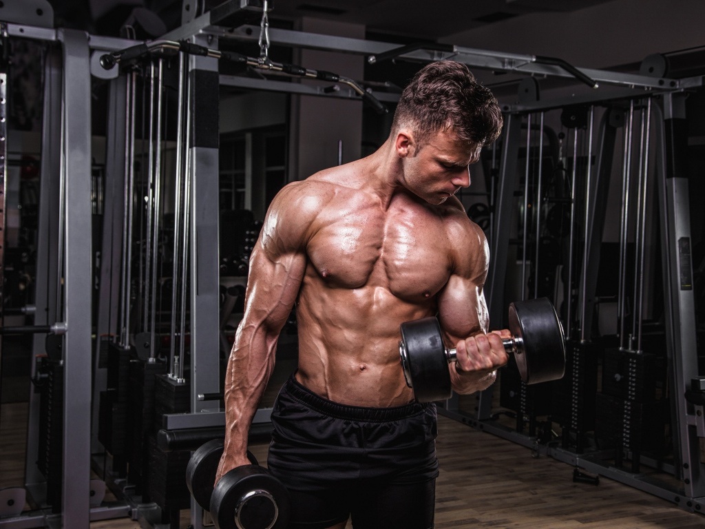 Сильный мужчина качает мускулы 