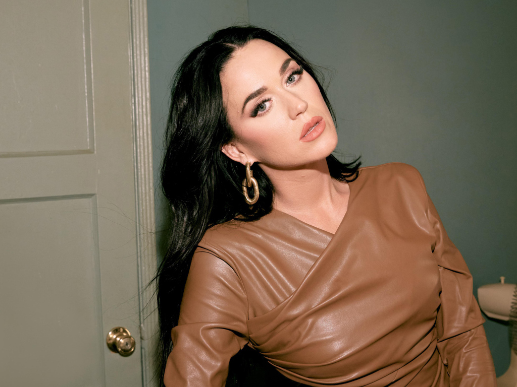 Длинноволосая брюнетка Кэти Перри стоит в комнате у двери