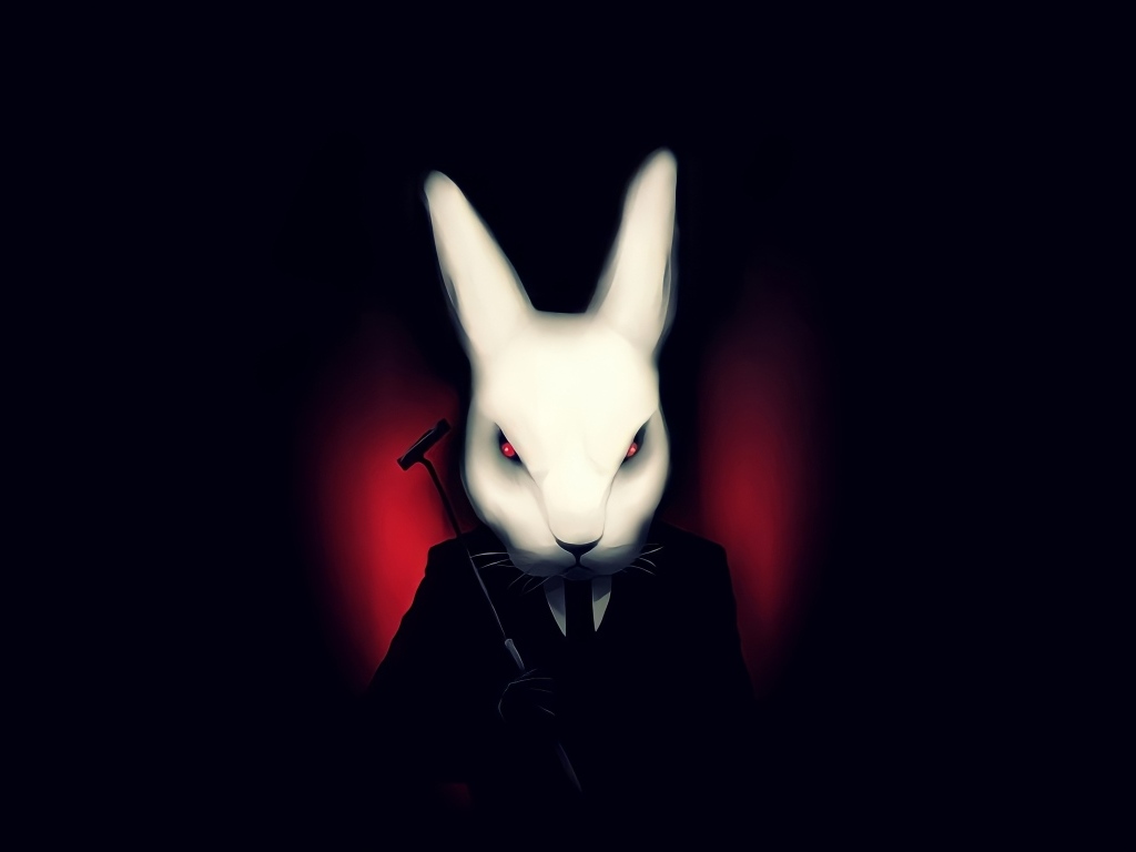 Белый кролик в костюме на черном фоне