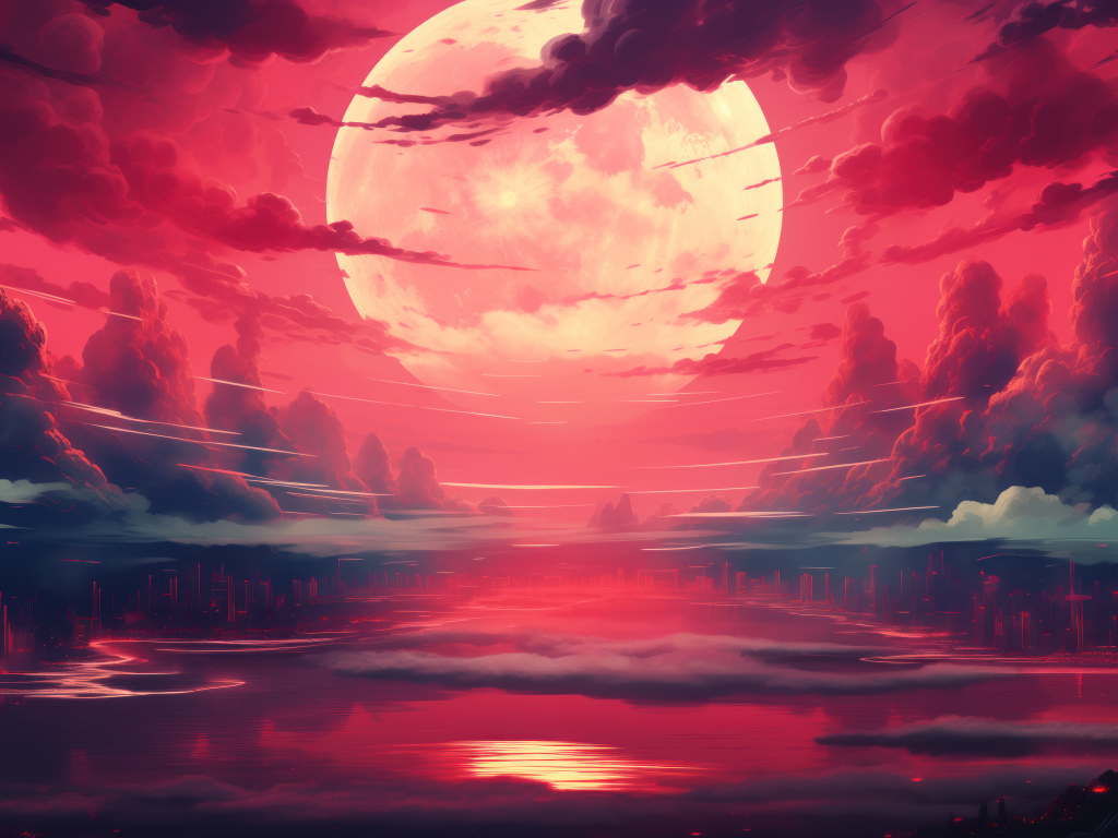 Большая белая луна в красном небе