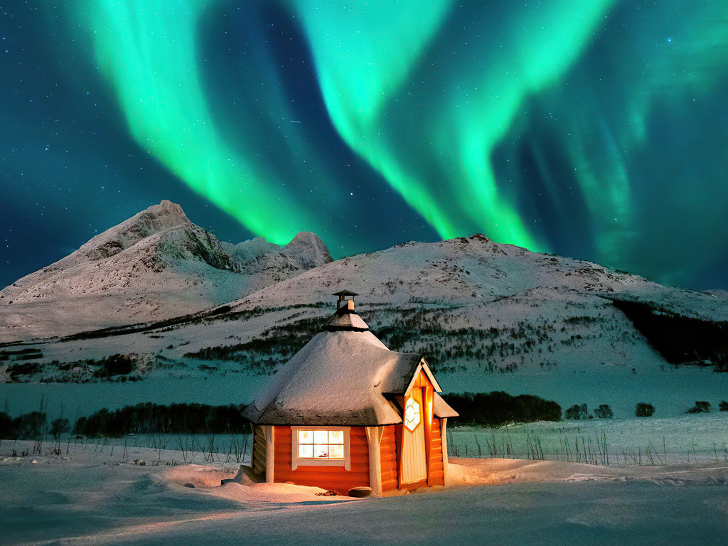 Зеленое полярное сияние над домом в заснеженных  горах