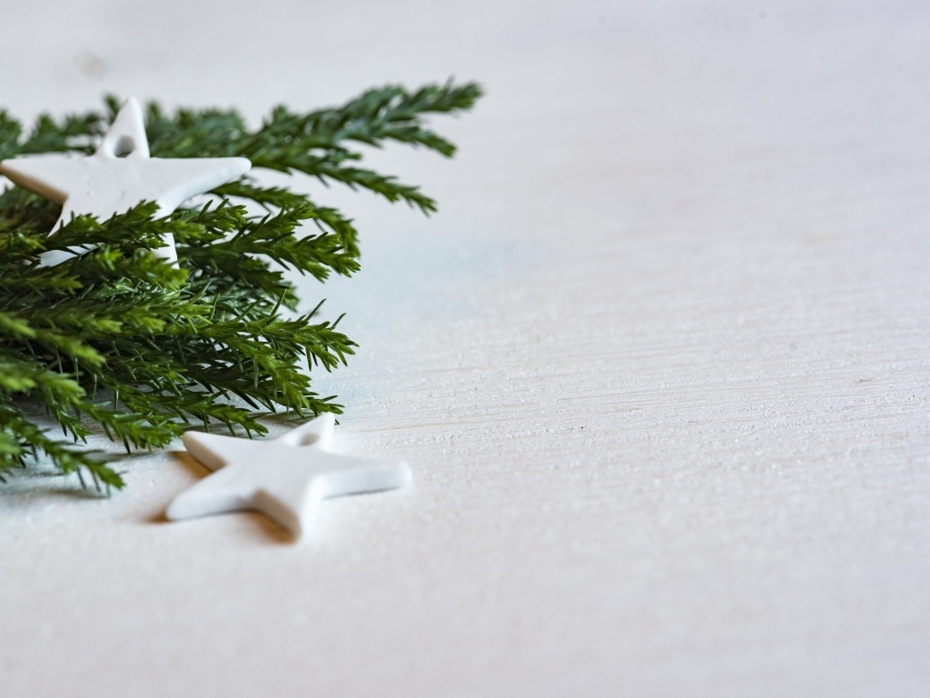 Звезды и ветка ели на белой поверхности 