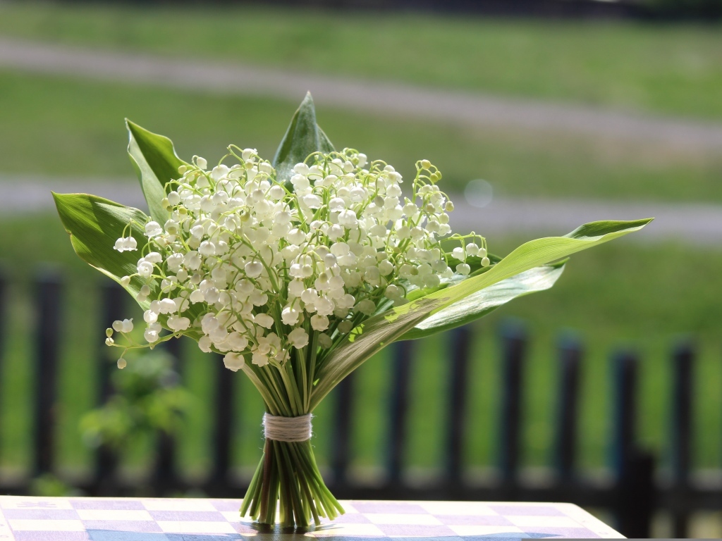 Красивый букет белых ландышей на столе в вазе