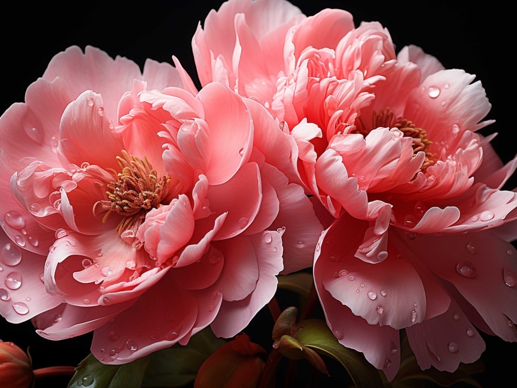 Красивые розовые пионы в каплях воды
