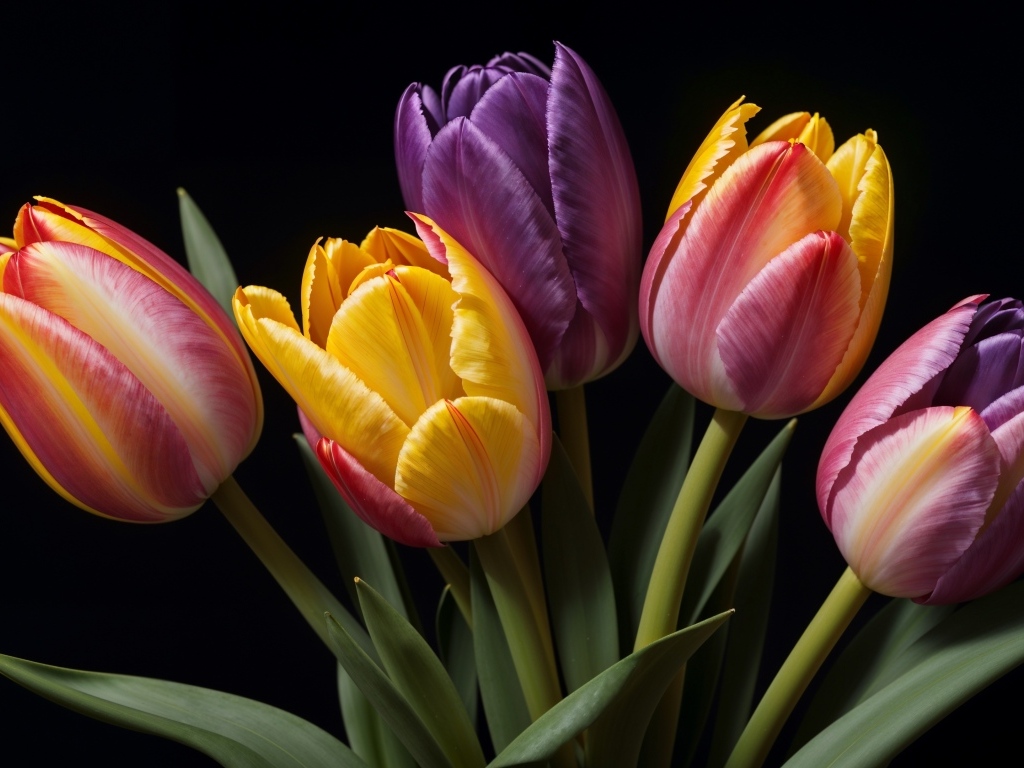 Букет разноцветных тюльпанов на черном фоне