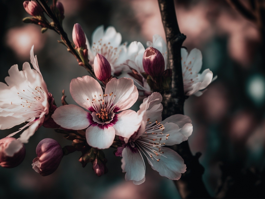 Розовые цветы персика на ветке весной