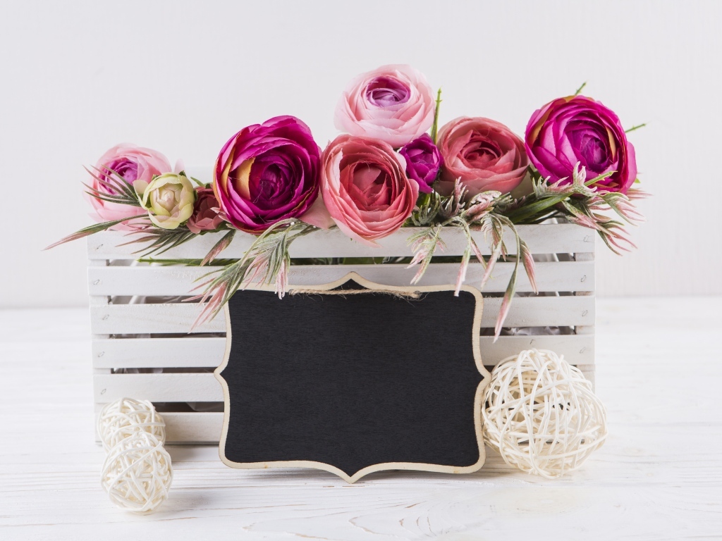 Розовые цветы лютика в белом ящике с рамкой