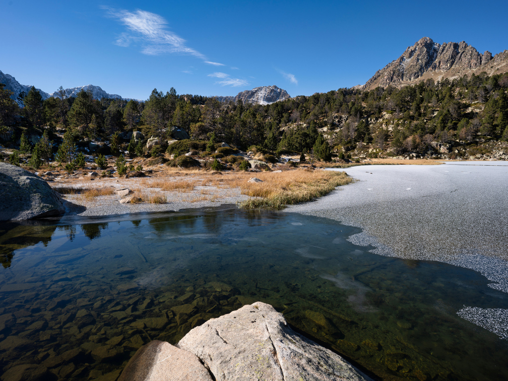 Покрытое льдом холодное горное озеро под голубым небом