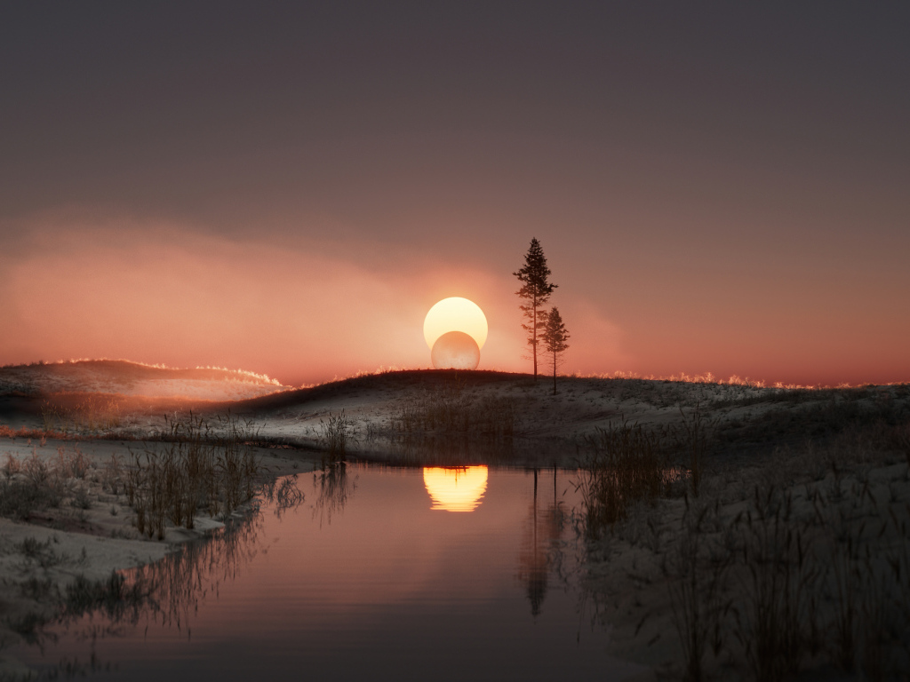 Закат солнца за холмом у реки