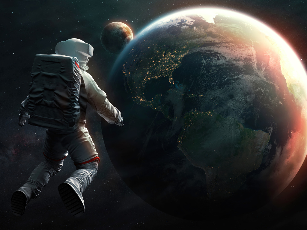 Астронавт смотрит на планету Земля из космоса