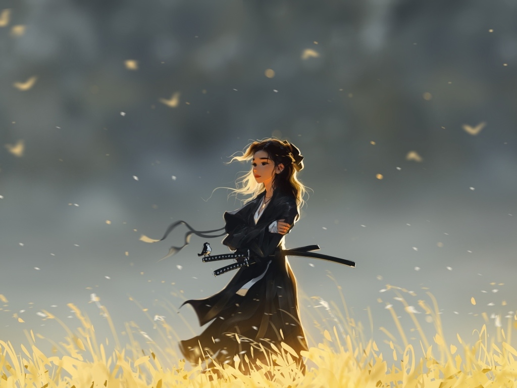 Девушка ниндзя с мечом на поле