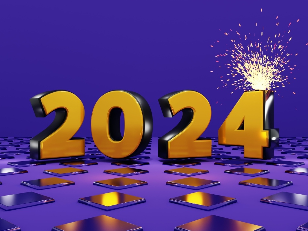 Яркие оранжевые цифры 2024 на фиолетовом фоне