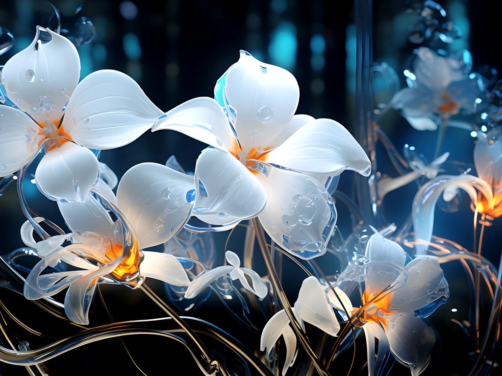 Стеклянные белые цветы на темном фоне