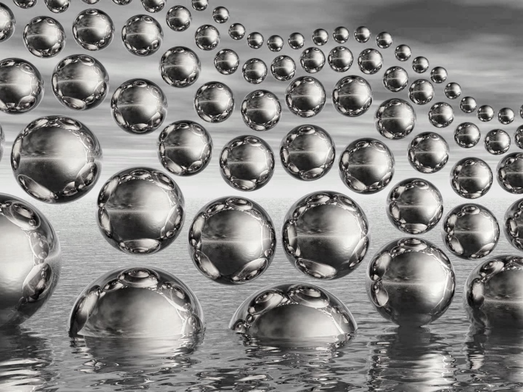 Много стеклянных 3д шаров в полете на сером фоне