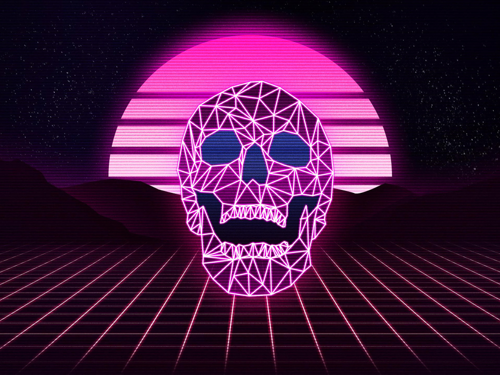 Розовый неоновый череп из линий на фоне сетки