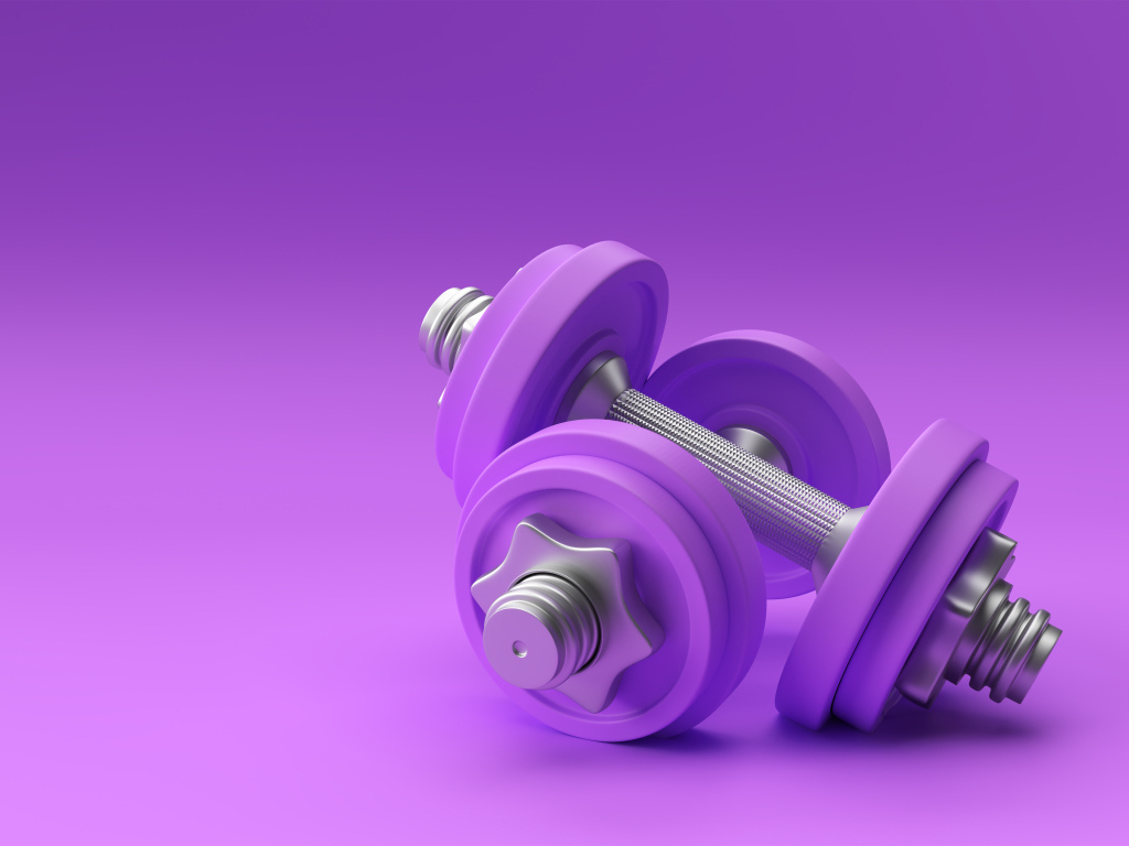 Две 3д гантели на сиреневом фоне