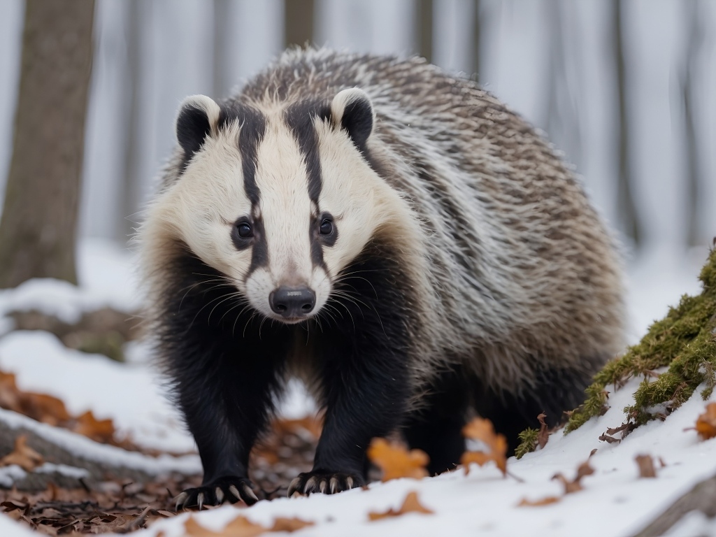 Большой барсук в заснеженном лесу