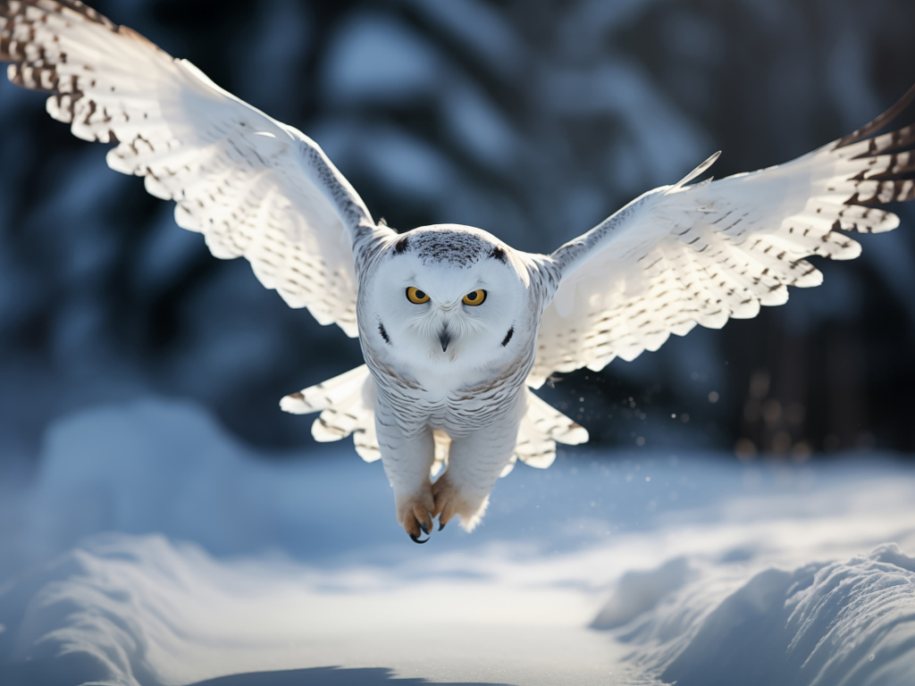 Большая белая сова летит над снегом