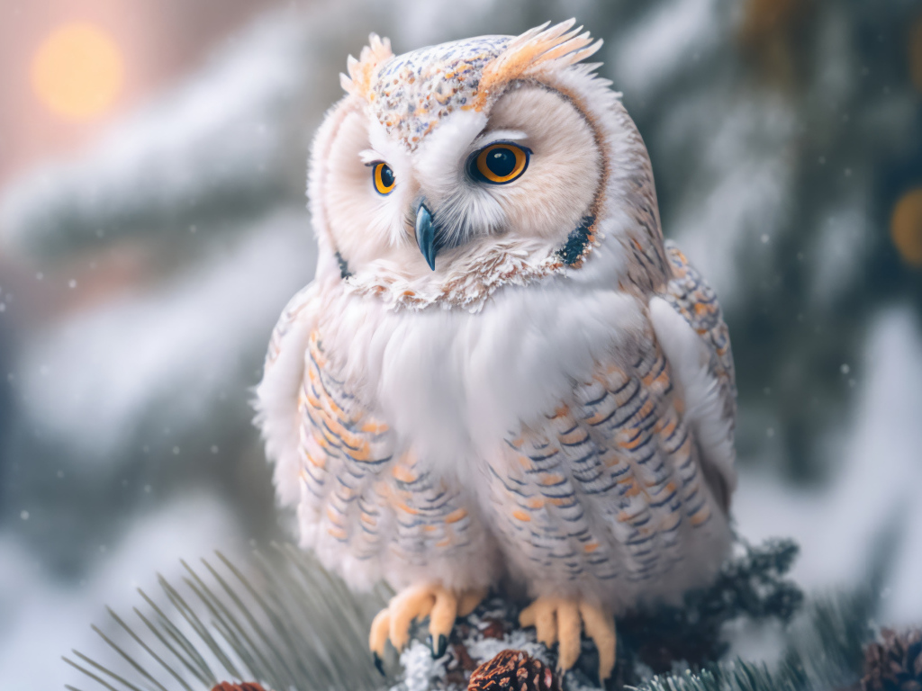 Белая сова сидит на заснеженной еловой ветке