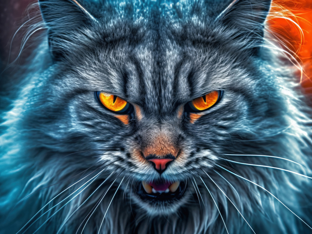 Злой серый пушистый кот с огненными глазами