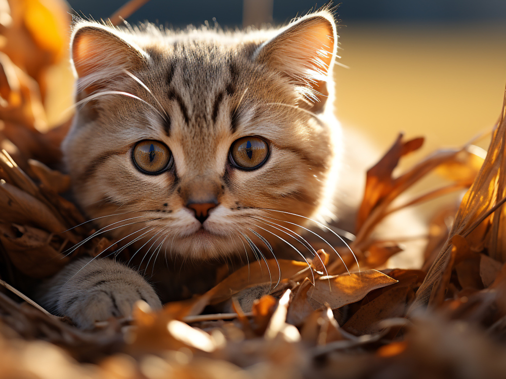 Забавный серый котенок прячется в сухой траве