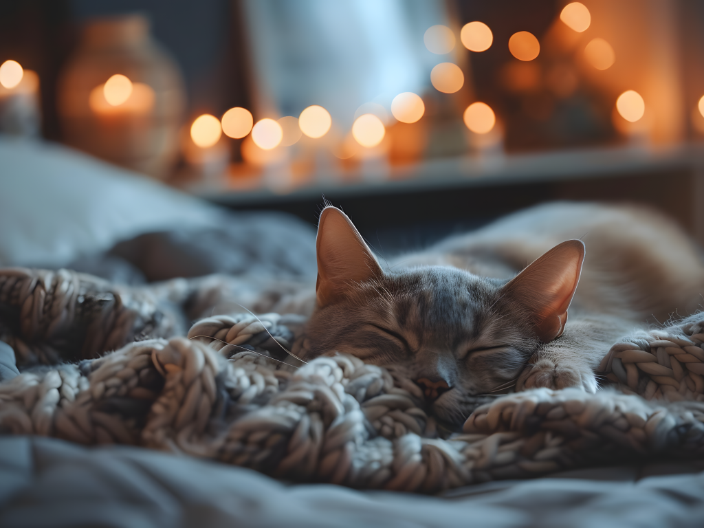 Довольный кот спит на кровати в квартире