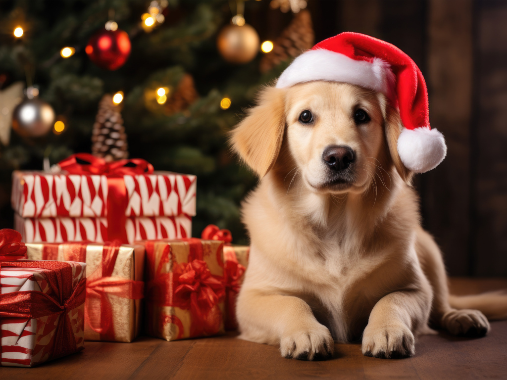 Золотистый ретривер с подарками у новогодней ели