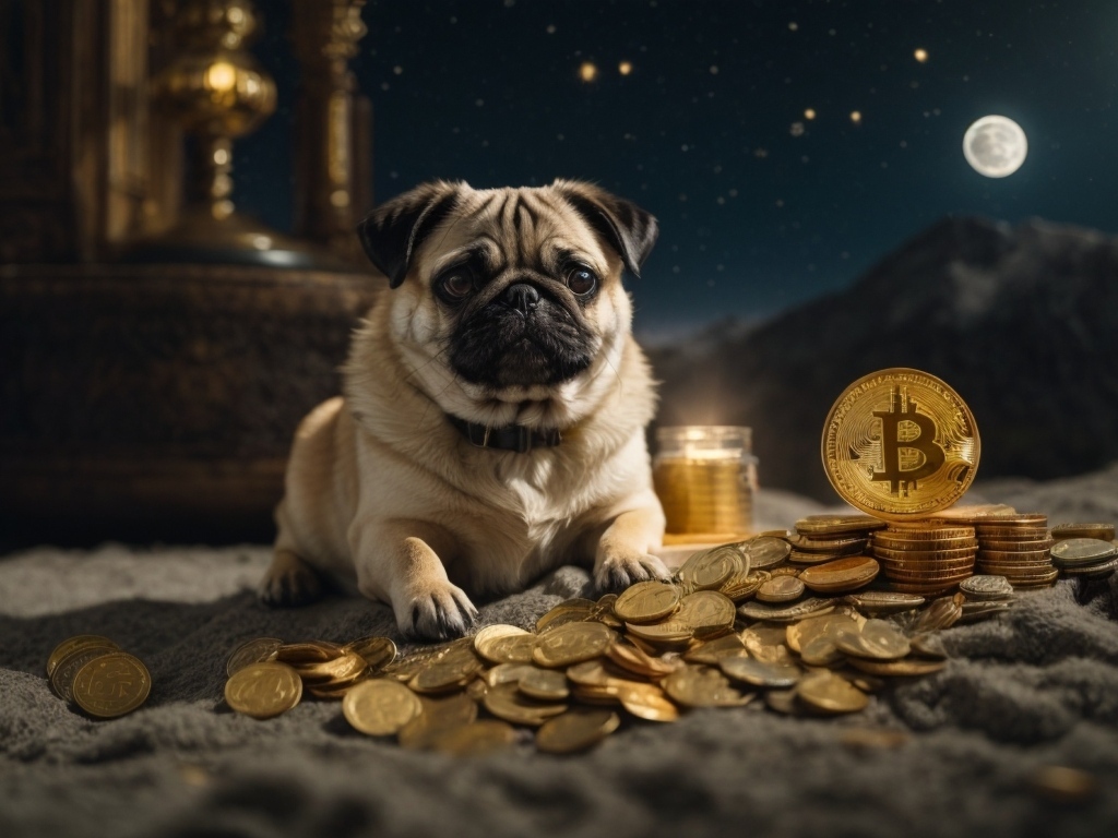 Мопс с золотыми монетами на песке