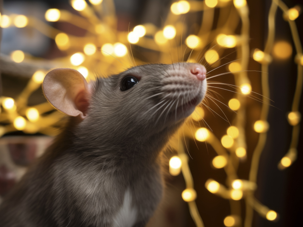 Серая крыса на фоне гирлянды