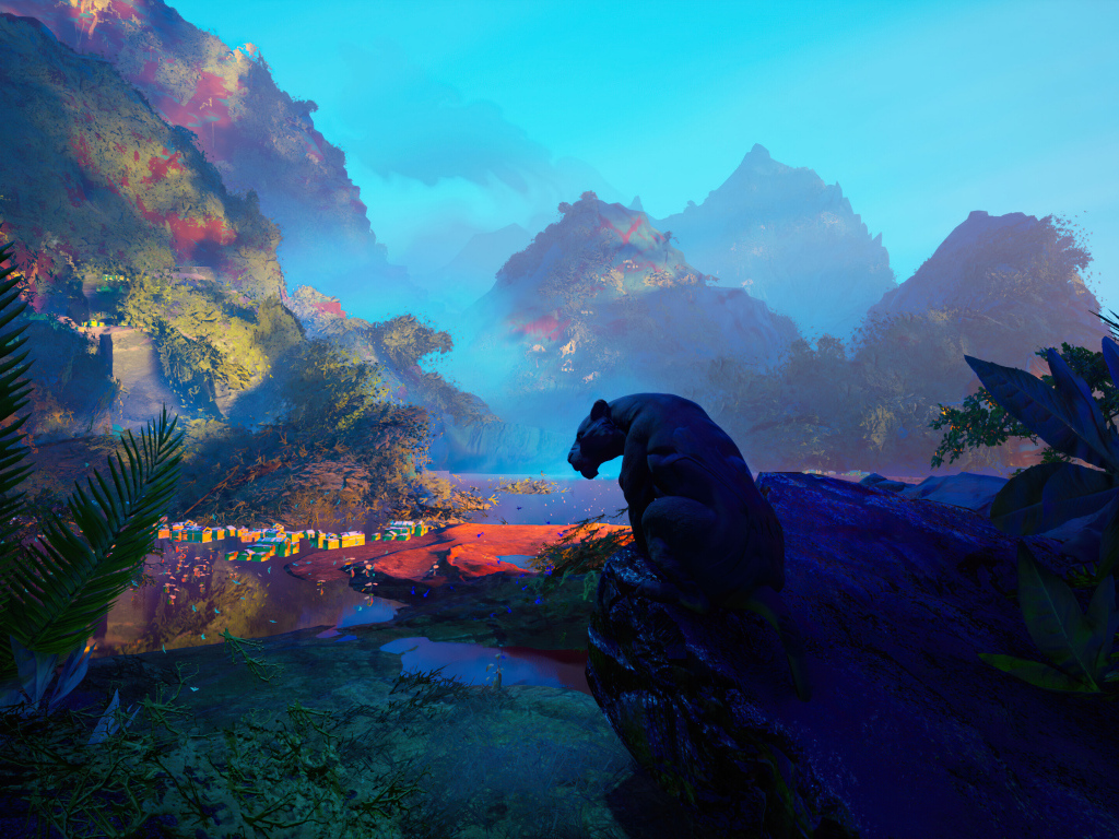 Большая черная пантера сидит на камне