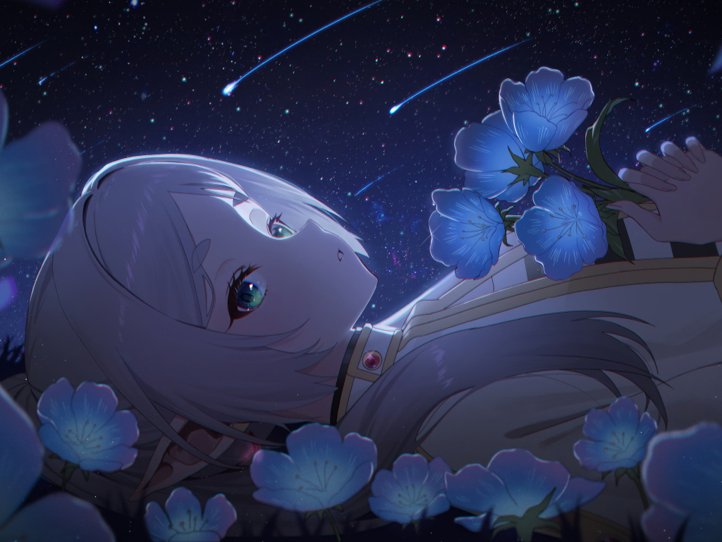 Девушка аниме лежит на земле с голубыми цветами