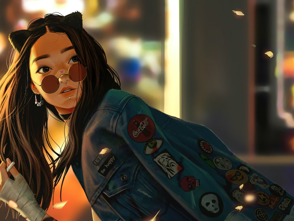 Девушка аниме с сигаретой в джинсовой куртке