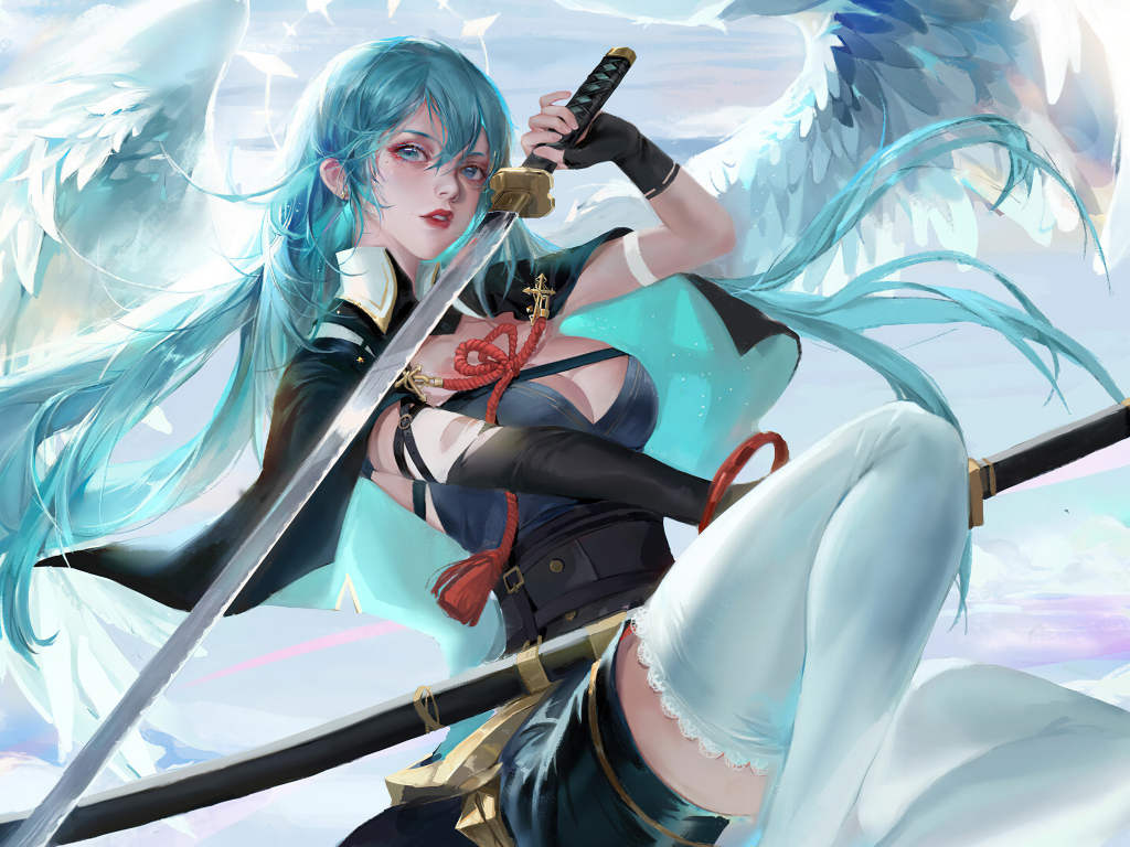 Девушка аниме с крыльями ангела с катаной в руках 